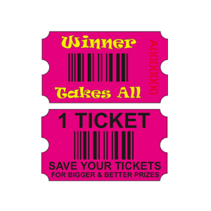 Fantastic design of a pure red coloured generic redemption ticket. Description on the top side is “Winner Takes All” and on the bottom side “1 Ticket Save Your Tickets For Bigger & Better Prizes”. Industry standard size 160g 3,000 Tickets per pack (30 Packs of tickets per box) Each ticket is bar-coded and double sided.