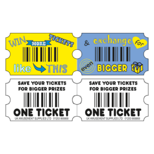 Beautifully designed generic redemption tickets with alternative yellow and blue tickets on the top side and on the bottom side pure white. Alternative descriptions on the top side with “Win More Tickets Like This” and “Exchange For Even Bigger Prizes”. On the bottom solely “Save Your Tickets For Bigger Prizes” and “One Ticket”. Industry standard size 160g 3,000 Tickets per pack (30 Packs of tickets per box) Each ticket is bar-coded and double sided.