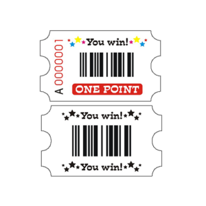 Classic looking design of a pure white coloured generic redemption ticket. Description on the top side is “You Win One Point” and on the bottom side “You Win You Win”. Industry standard size 180g 2,000 Tickets per pack (50 Packs of tickets per box) Each ticket is bar-coded and double sided.